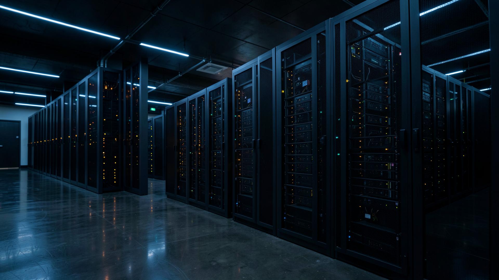 Modern enterprise datacenter aisle with rack-mounted database and hyper-converged servers